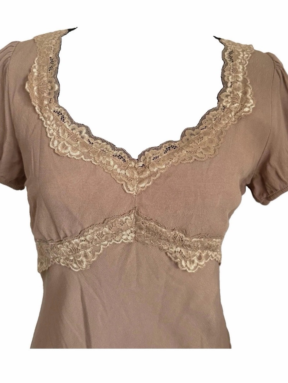 Romantic Babydoll Dress Womens L Lace Trim V Neck Puff Sleeve Maxi Coquette - Picture 3 of 11